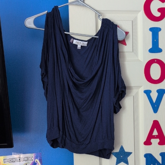 Jennifer Lopez Tops - Jennifer Lopez Dark Blue Draped Cold Shoulder Blouse